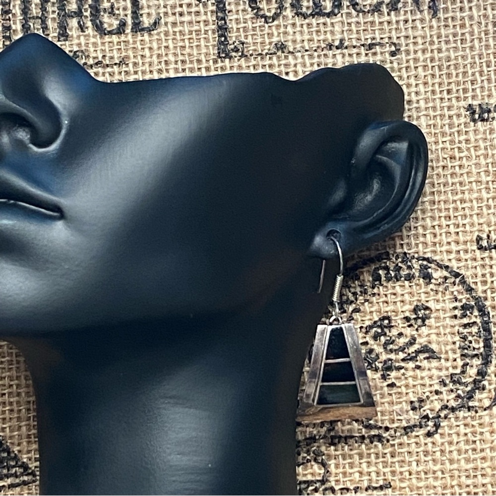 🍇Silver and Black Onyx Inlay Dangle Hook Earrings 925 1990’s Gift For You